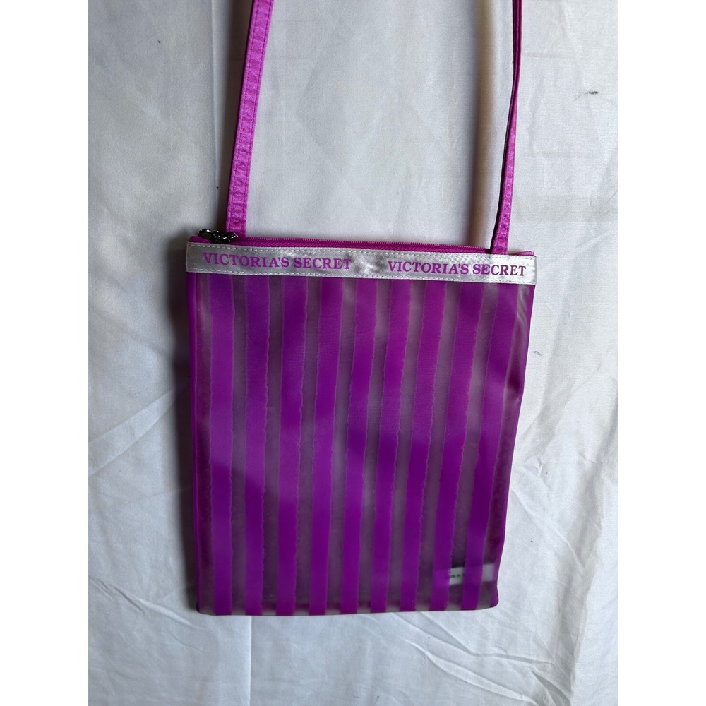 Victoria's Secret Crossbody Bag OS Purple Striped Sheer Heart Zipper Women